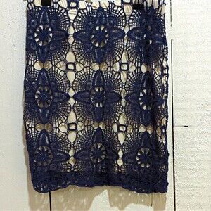Millenium Blue Lace Overlay Pencil Skirt Beige Lined Knee Length Size S